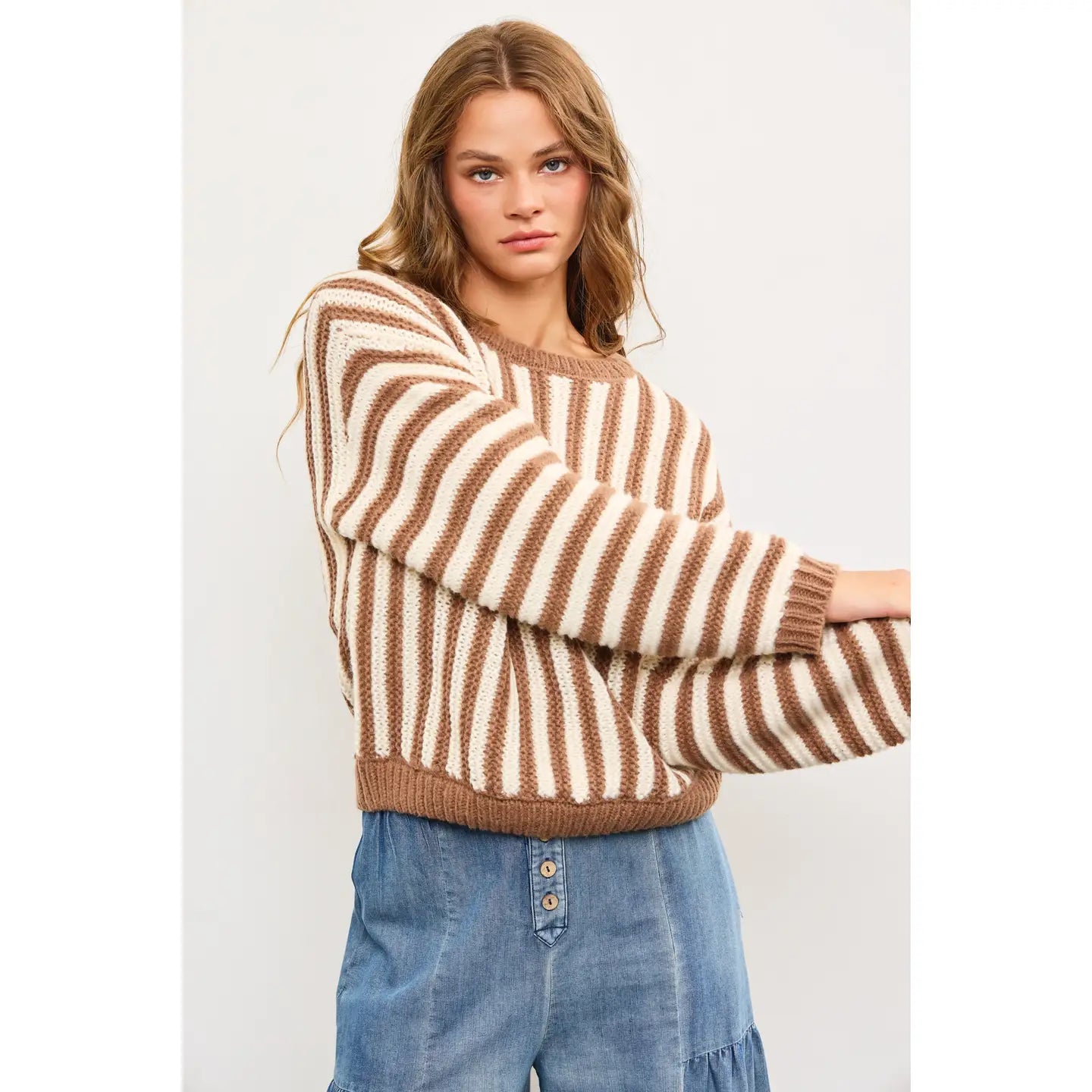 Oversized Crew Neck Striped Heavy Sweater Top