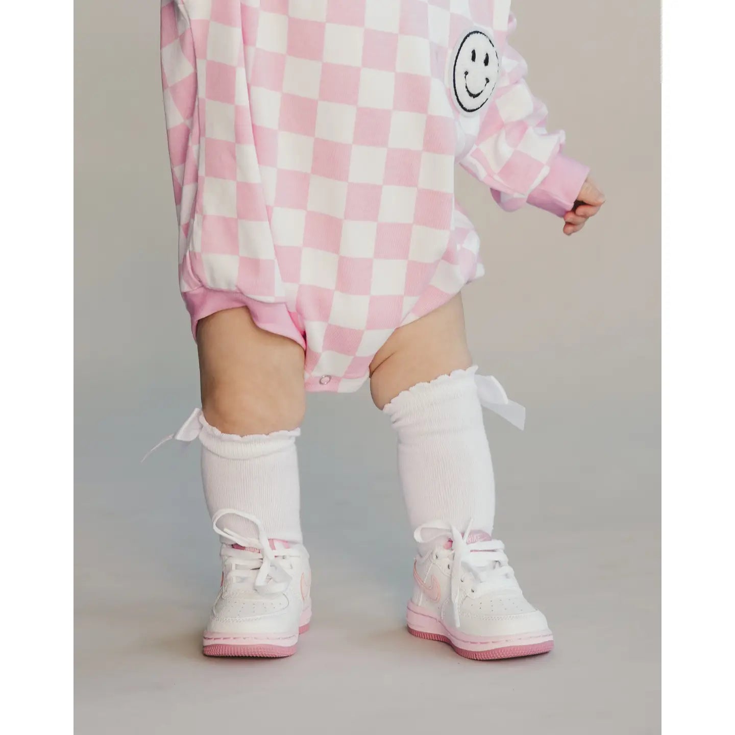 Baby Bubble Romper | Checkered Smiley Pink