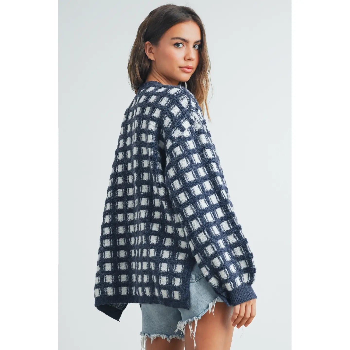 Navy Checkered Oversized Sweater