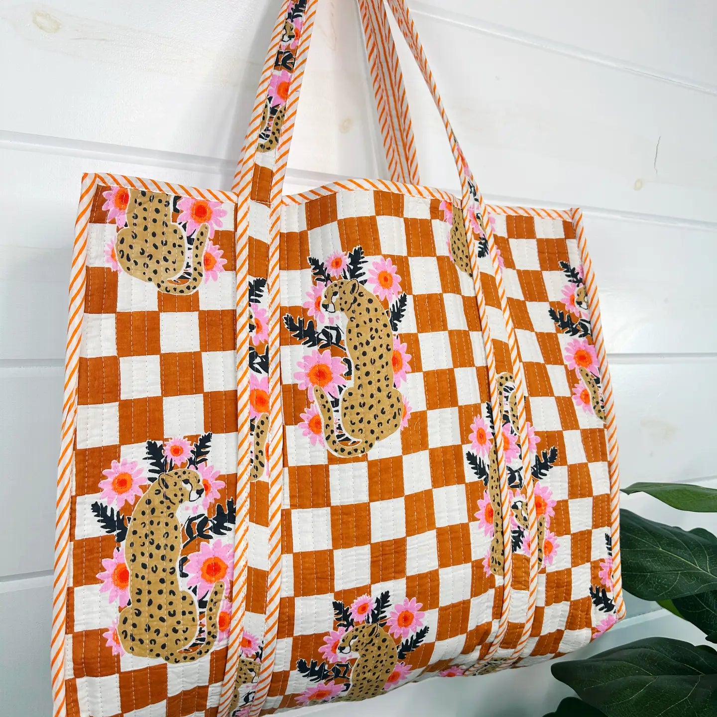 Checkered Jaguar Print Tote | Large Shopping Tote