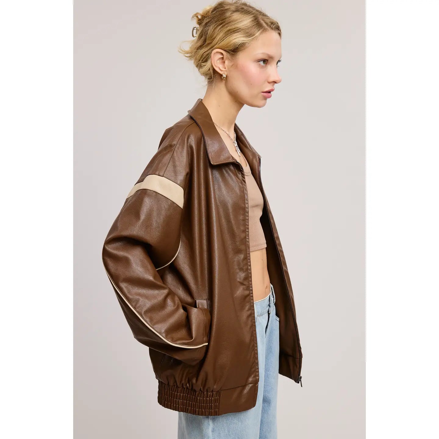 Contrast Stripe Faux Leather Bomber Jacket