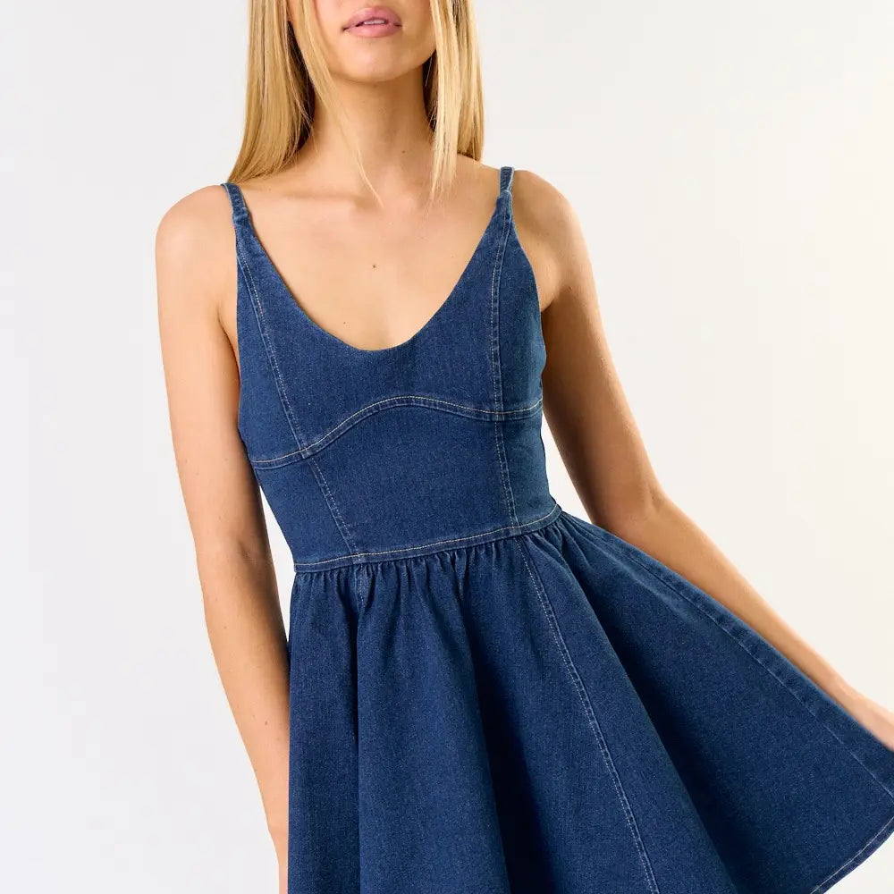 Denim Bustier Back Smocking Flare Mini Dress