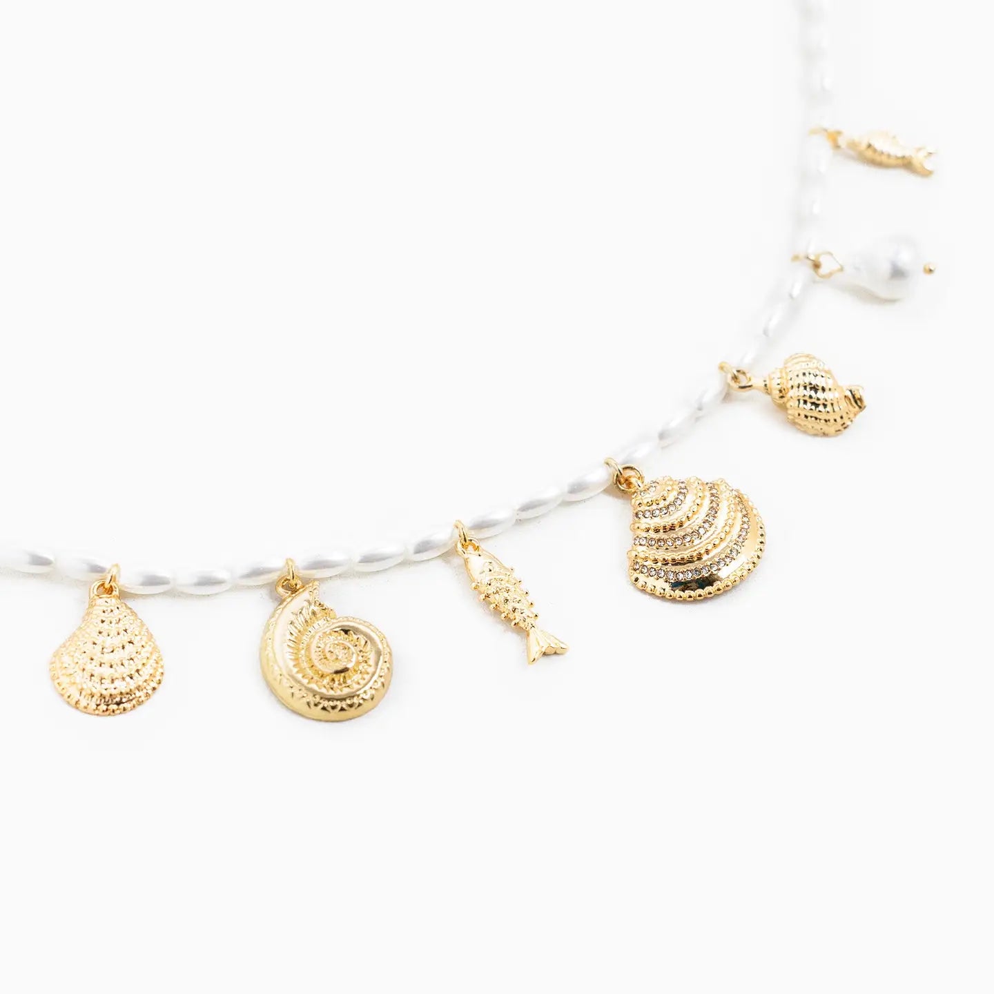 Gold Sea Life Charm Pearl Bead Necklace