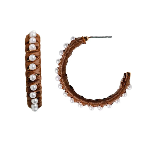 Dark Brown Studded Pearl Raffia Statement Earrings