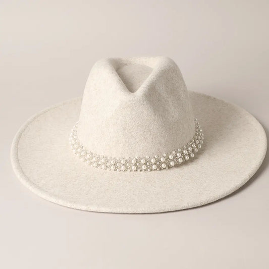 Pearl Detail Felt Fedora Panama Hat