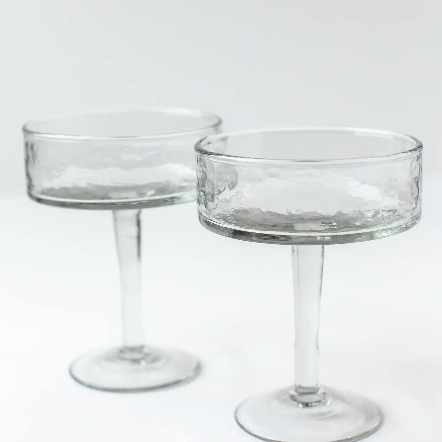 Clear Handblown Hammered Coupe Cocktail Glass Pair