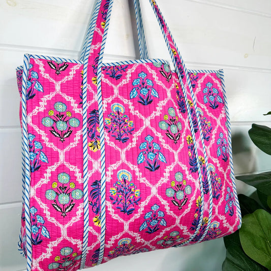 Large Tote Bags | Quilted Travel Tote | Pink Wildflowers