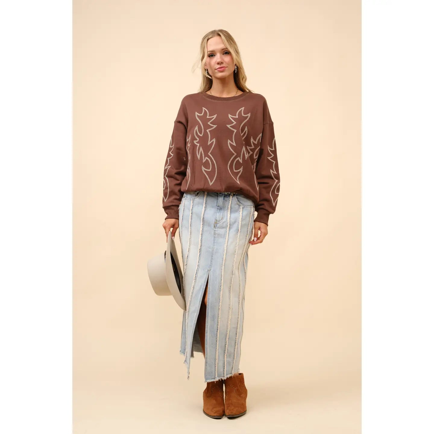 Western Boots Stitch Pullover Sweatshirt