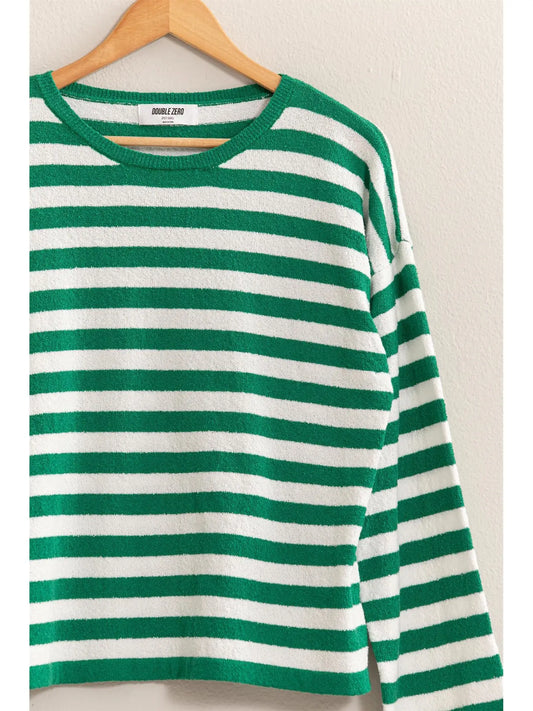 Green & White Striped Crewneck Sweater