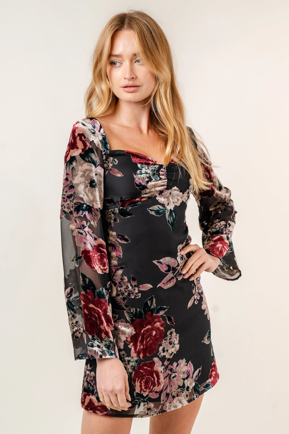 Floral Velvet Burn Out Bell Sleeve Mini Dress