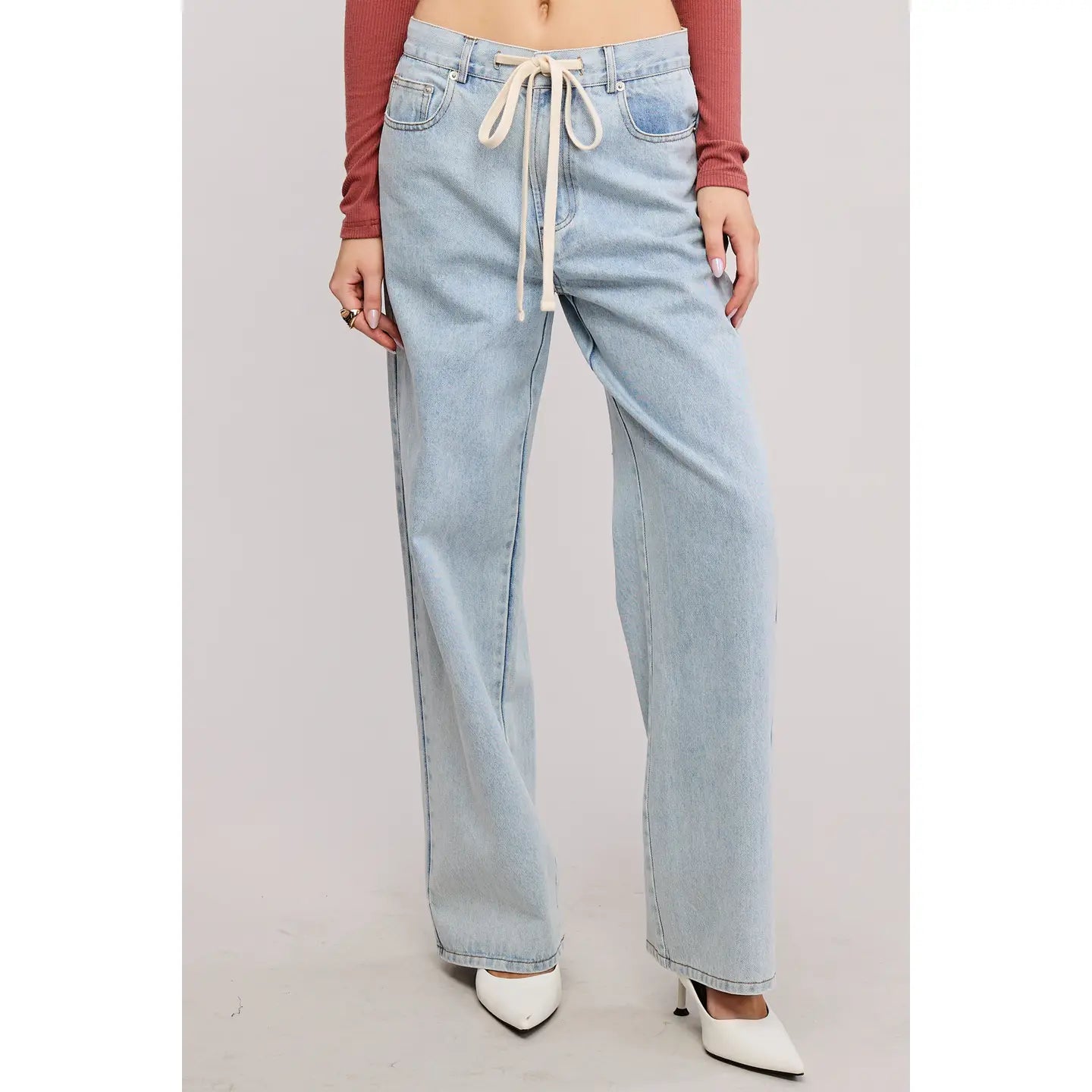 Waist String Detail Lightwash Straight Denim Pants