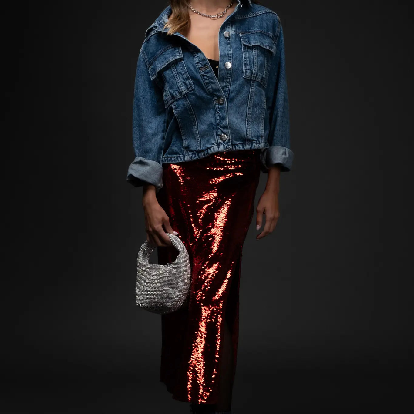 Side Slit Sequin Midi Skirt