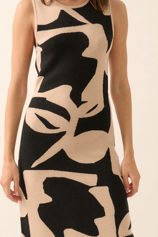 Abstract Floral Knit Sleeveless Midi Sweater Dress