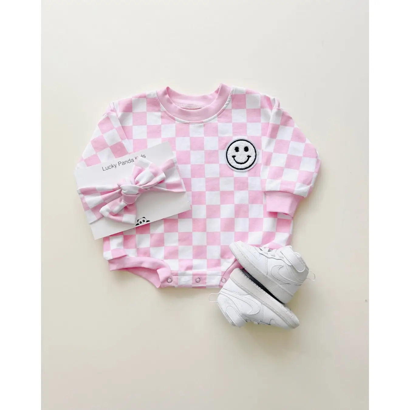 Baby Bubble Romper | Checkered Smiley Pink