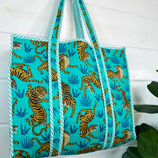 Tiger Tote Bags | Aqua Blue Quilted Bag | Large Travel Totes