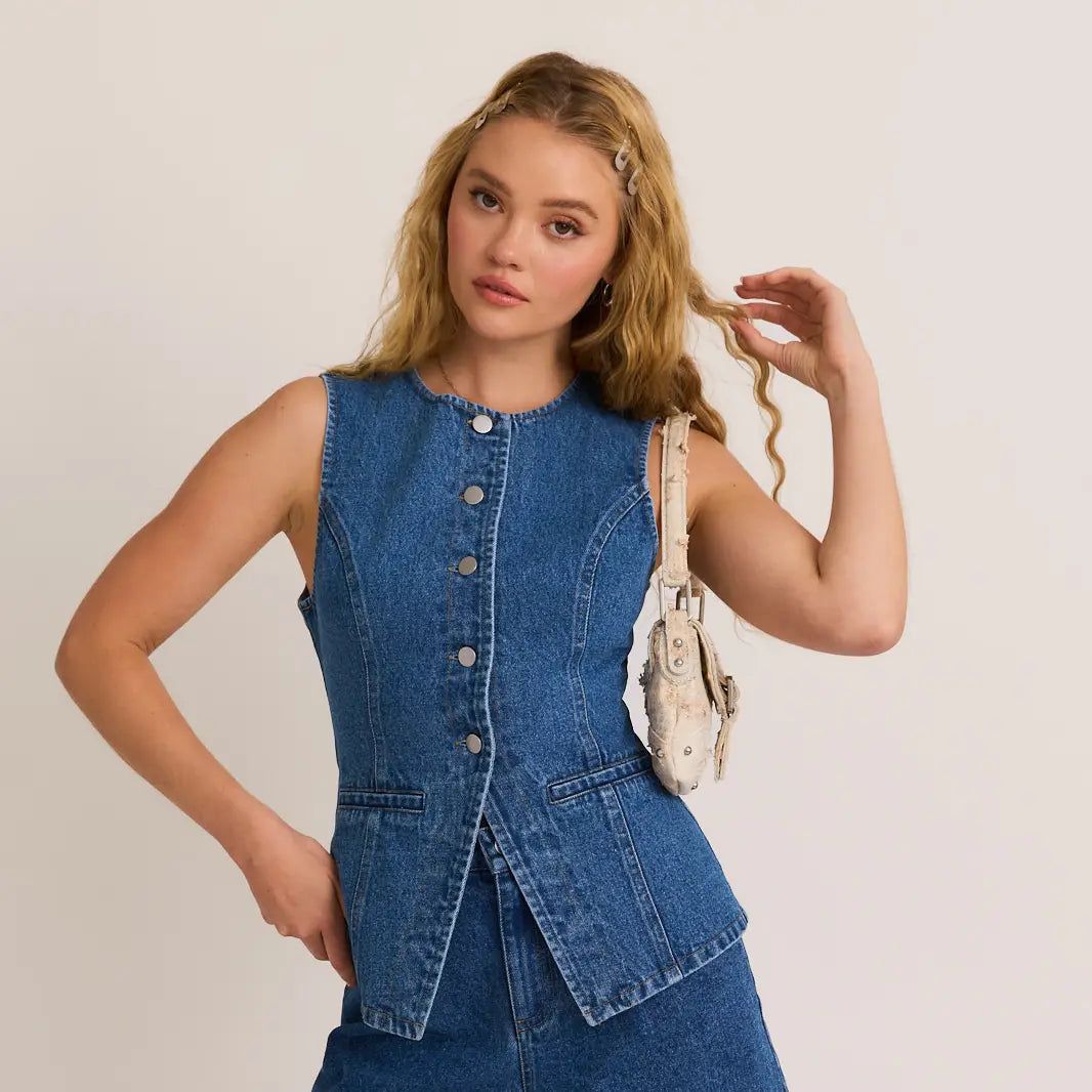 Button Front Sleeveless Denim Top