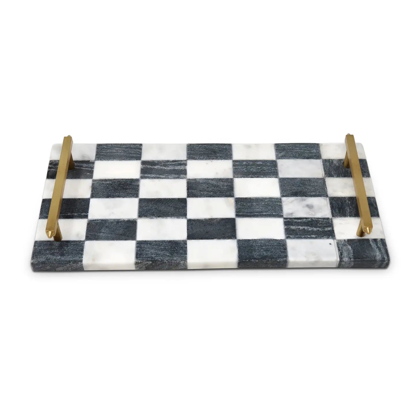 Marble Tray with Gold Handles White and Black Checked