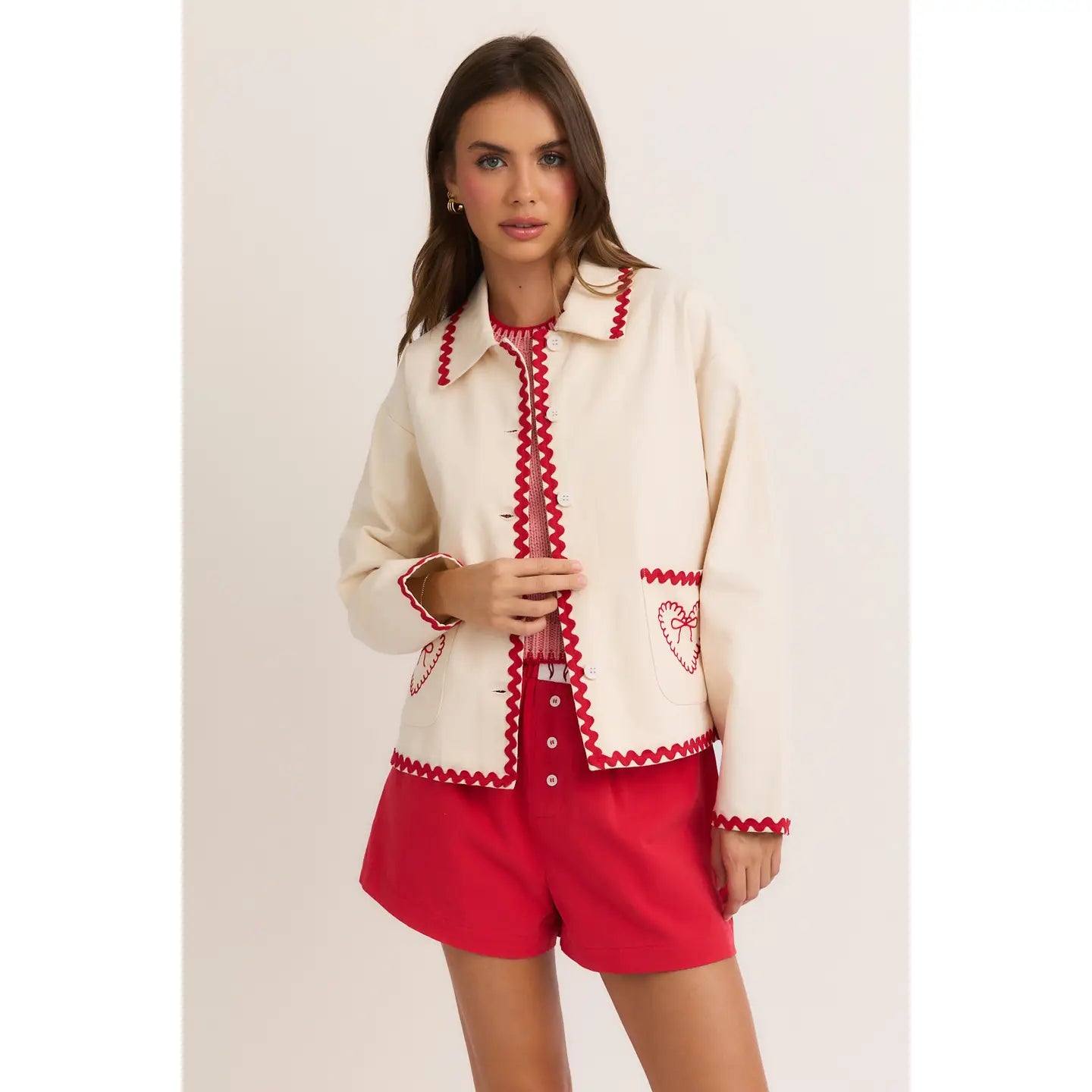 Ric-Rac Trim Detail Front Pocket Cropped Boxy Jacket