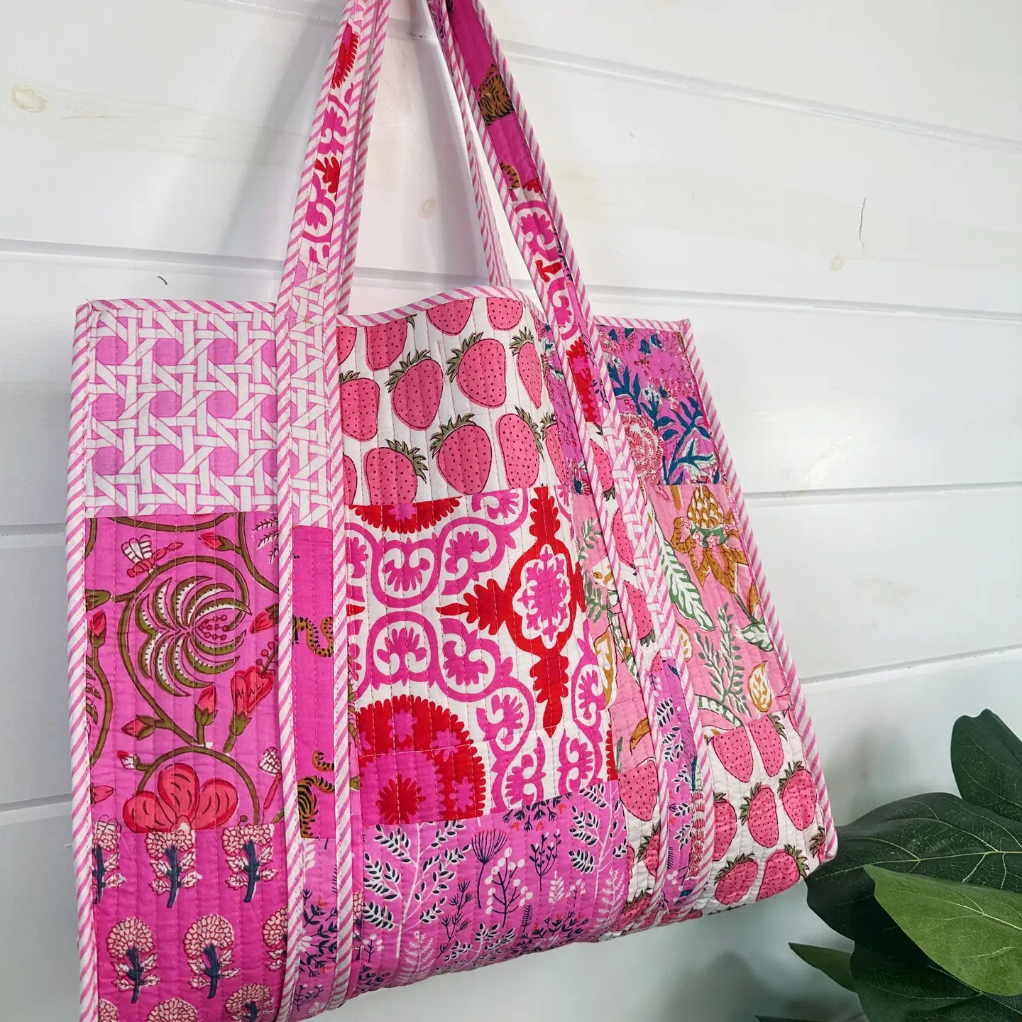 Pink Patchwork Tote Bag | Large Quilted Travel Tote Bags