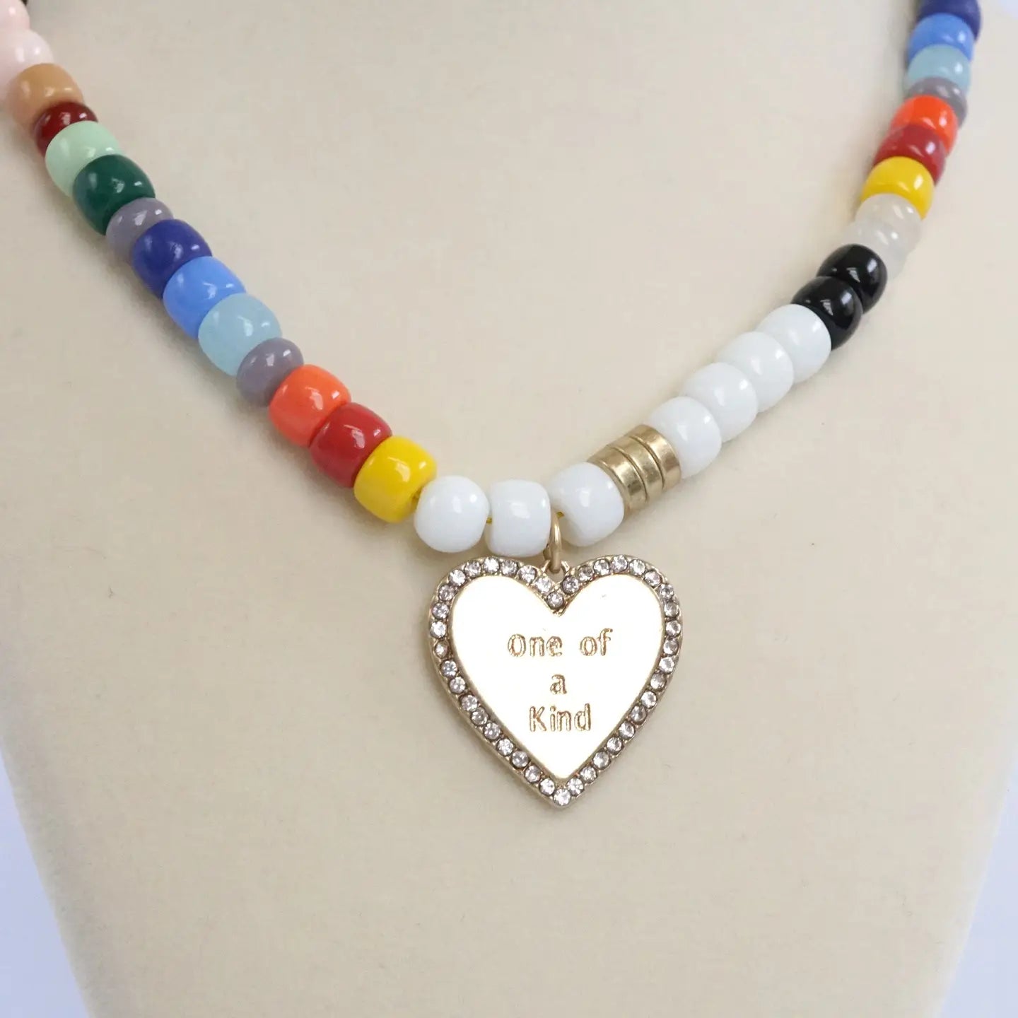 One of A Kind Multi Color Asymmetric Glass Beads Necklace Golden Heart