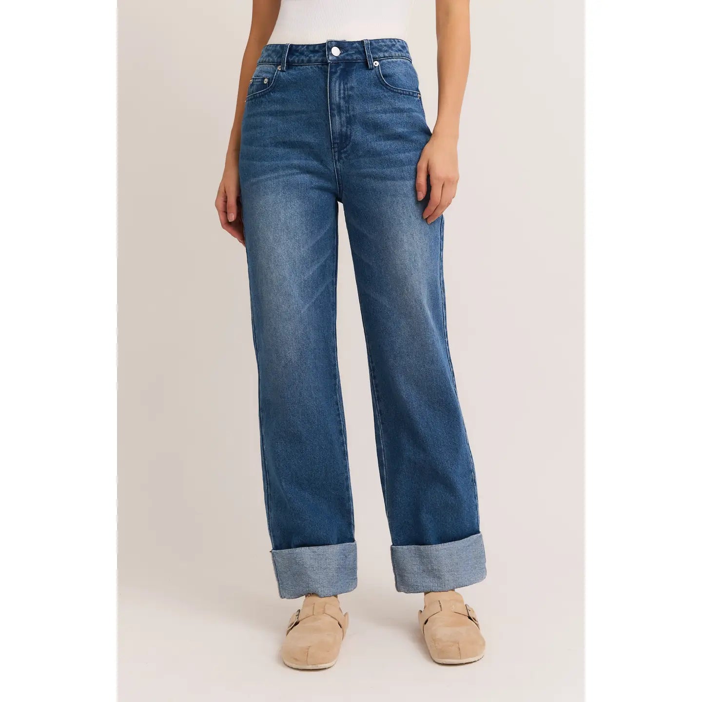 High Waist Cuffed Denim Pants