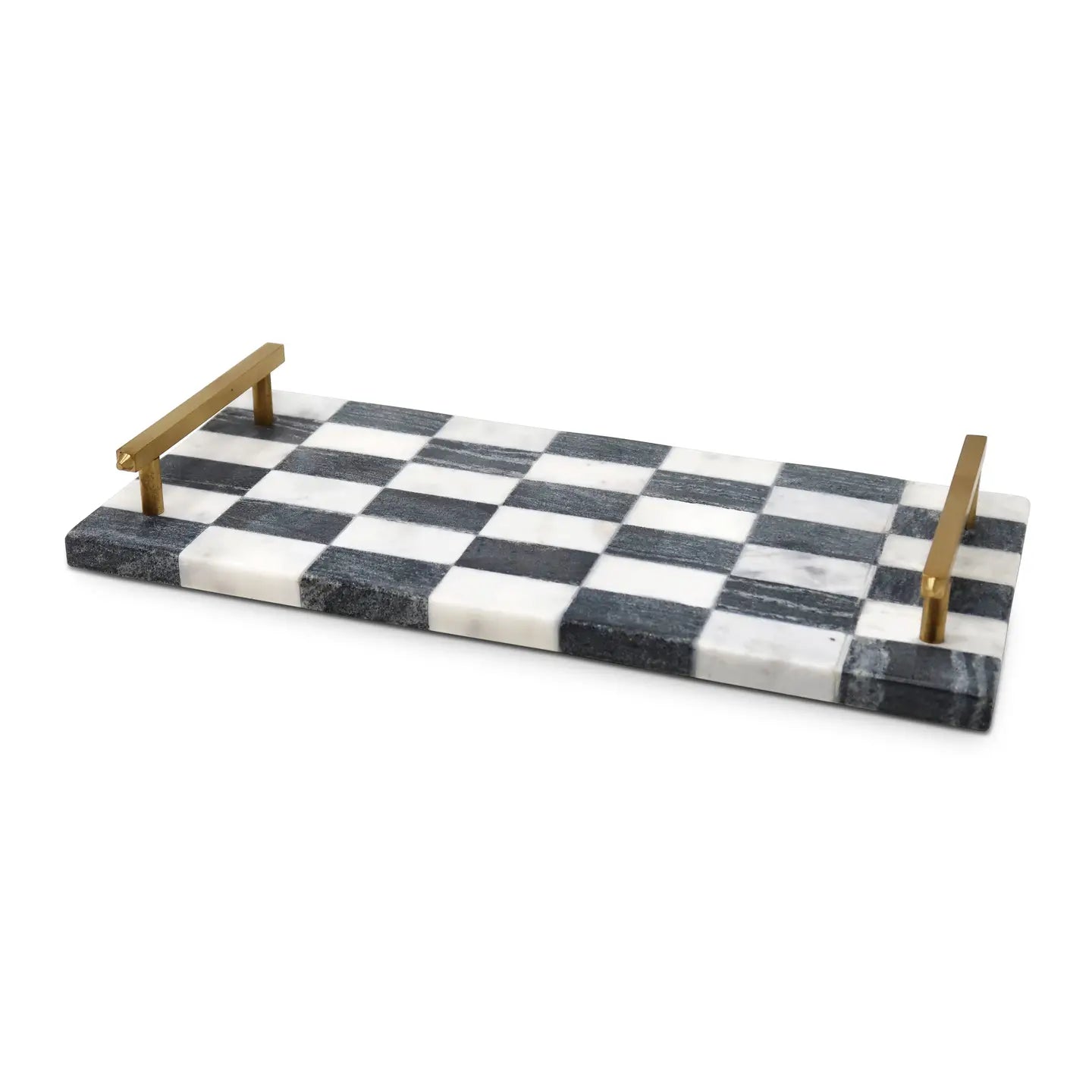 Marble Tray with Gold Handles White and Black Checked