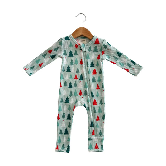 Organic Waffle Basic Zip Romper, Festive Firs