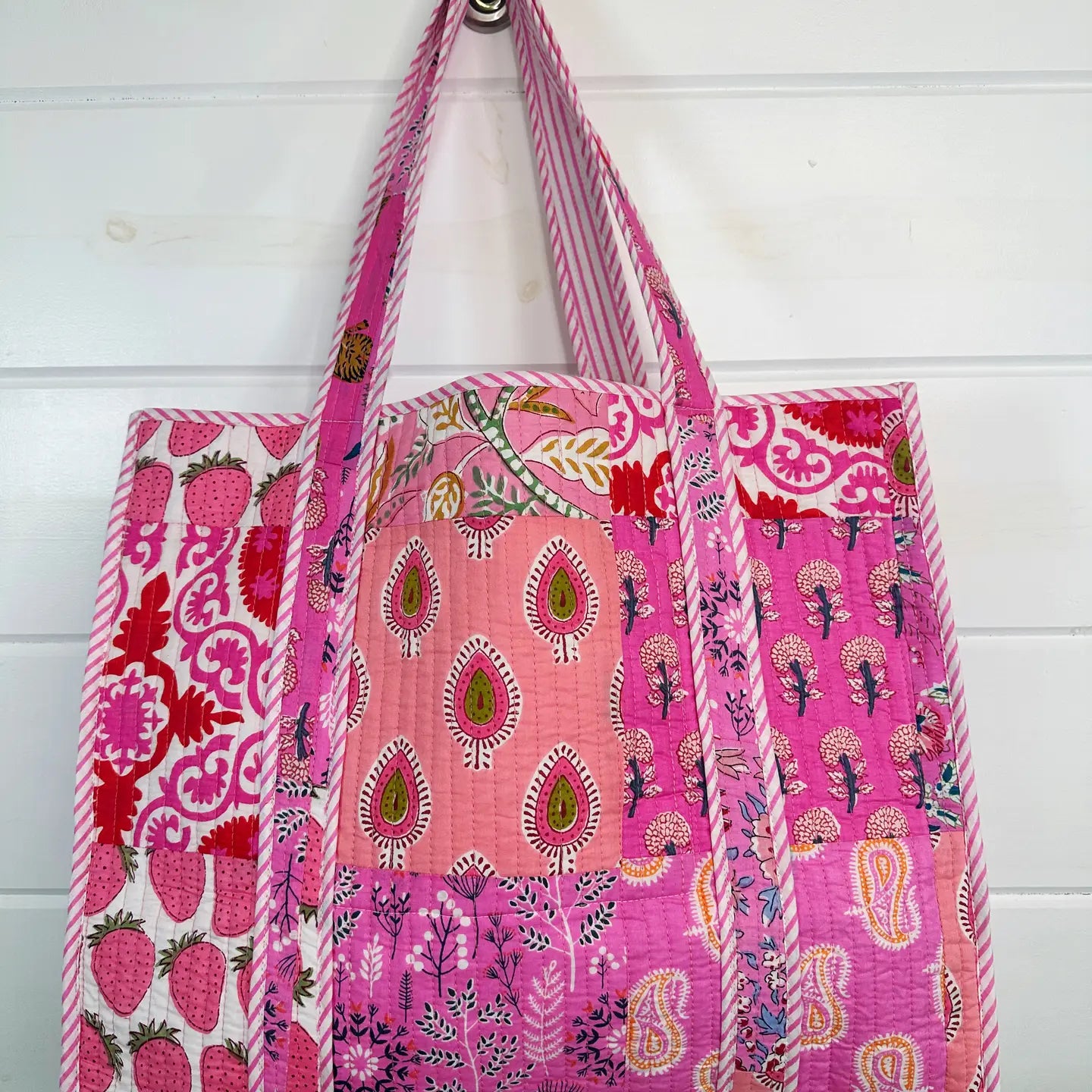 Pink Patchwork Tote Bag | Large Quilted Travel Tote Bags