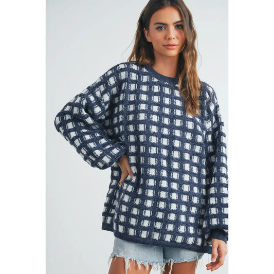 Navy Checkered Oversized Sweater