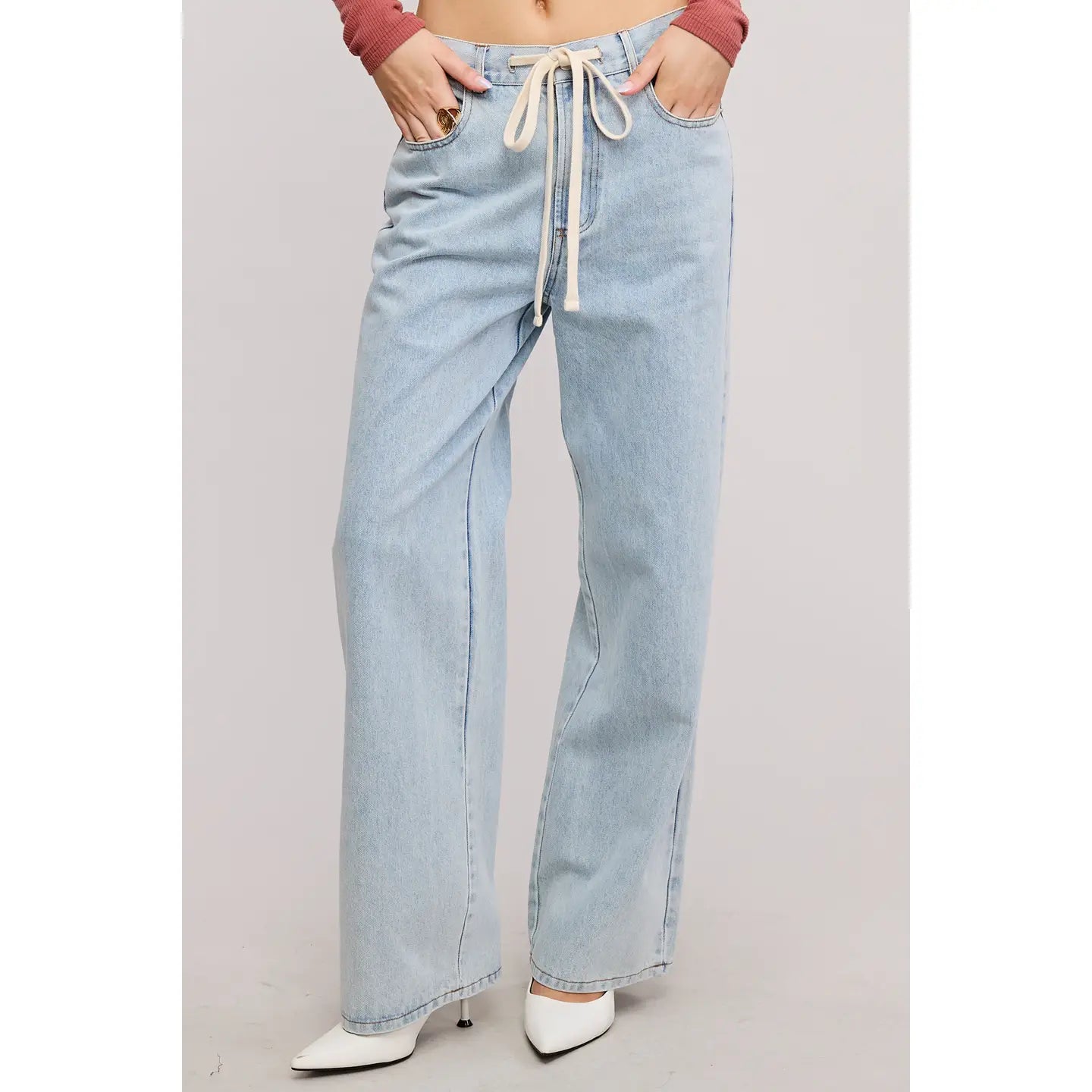 Waist String Detail Lightwash Straight Denim Pants