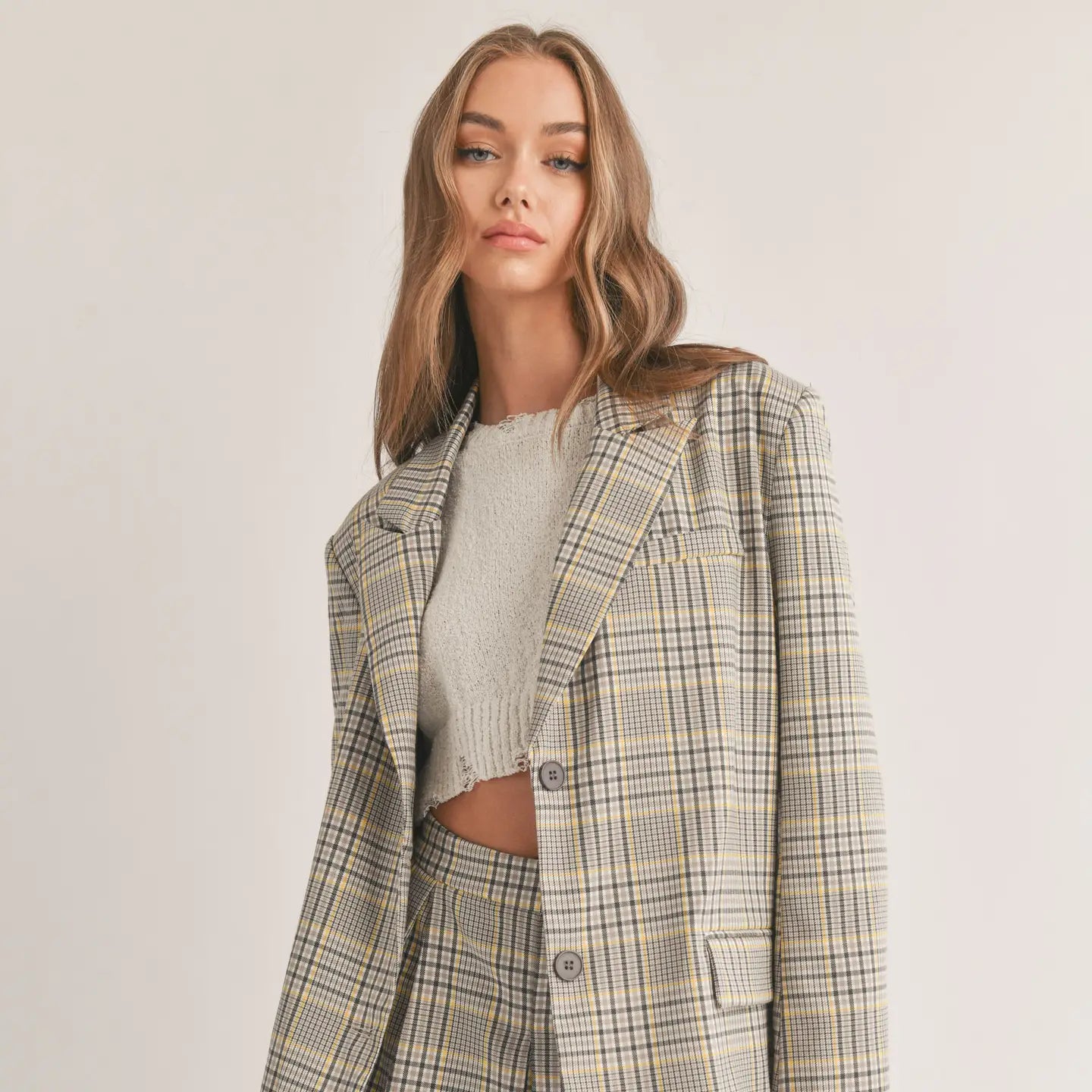 Plaid Printed Longline Blazer Jacket