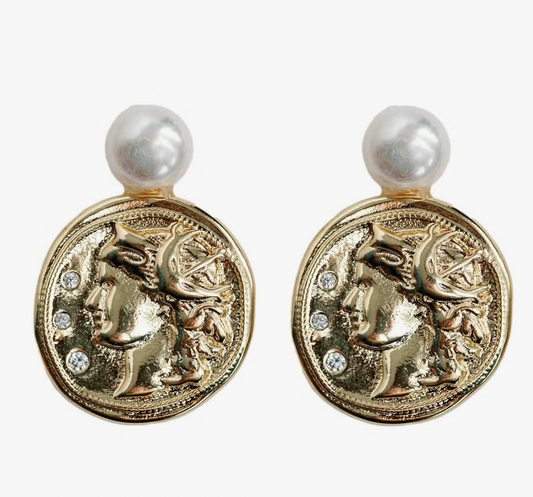 Genuine Pearl and Gold Coin Statement Earrings