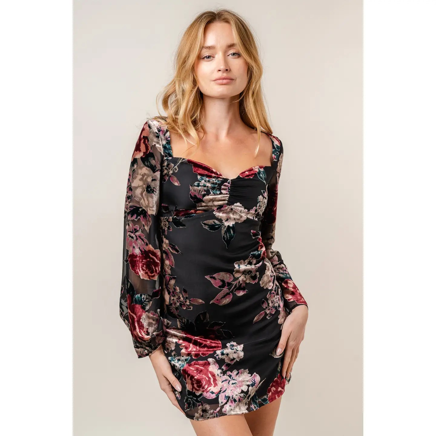 Floral Velvet Burn Out Bell Sleeve Mini Dress