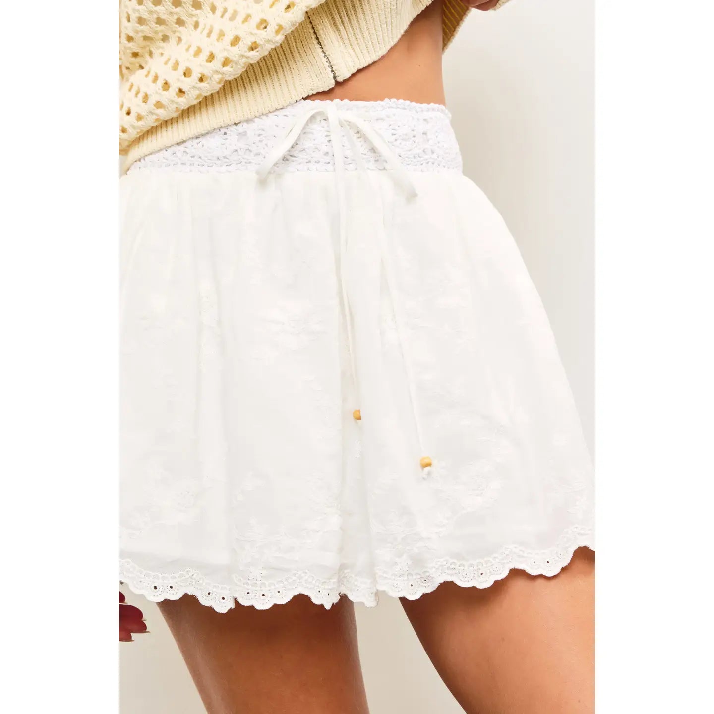 Crochet Waist Banded Tie Front Embroidered Skort