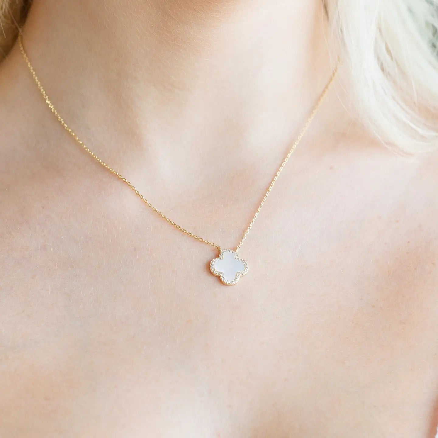 Good Fortune, Shell Pave Quatrefoil Necklace