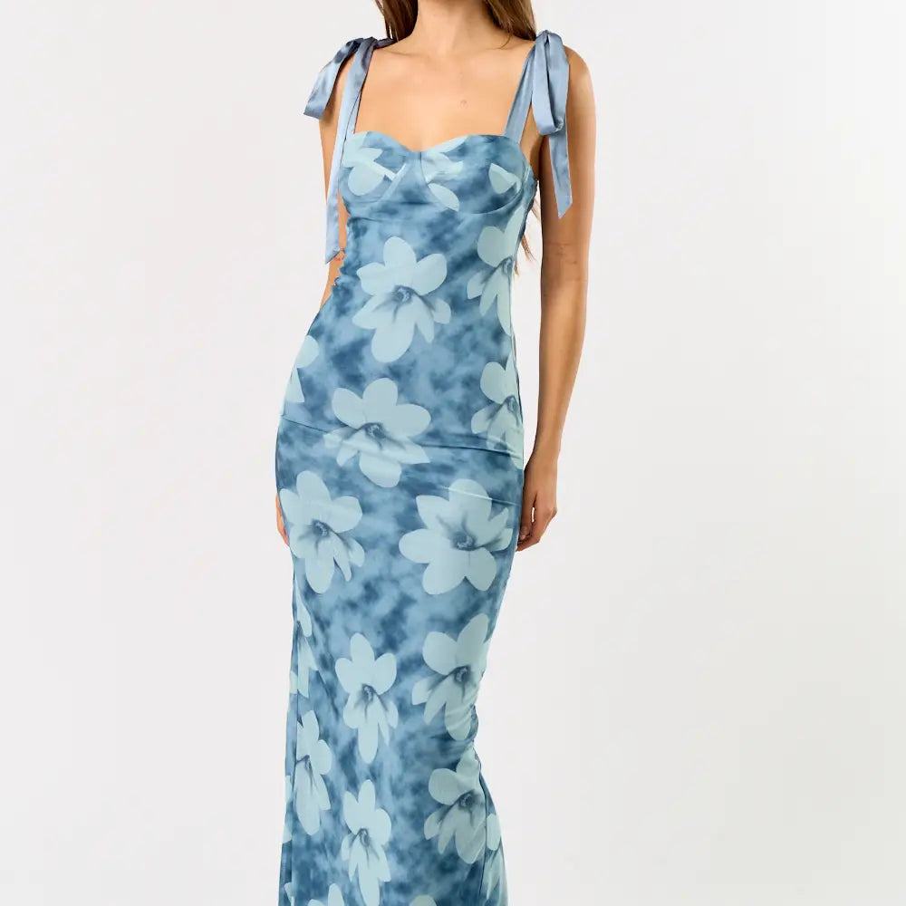 Shoulder Bow Tie Printed Mesh Maxi Dress