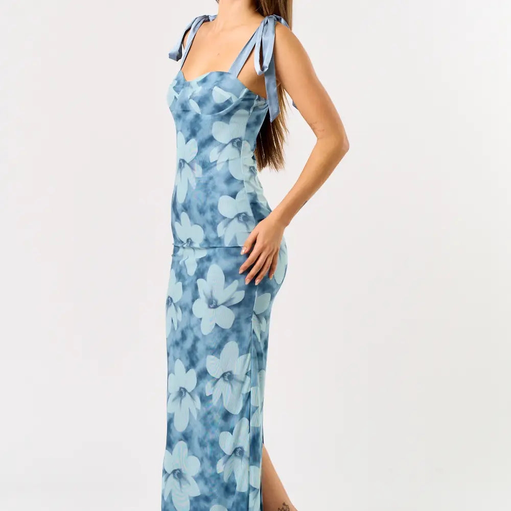 Shoulder Bow Tie Printed Mesh Maxi Dress