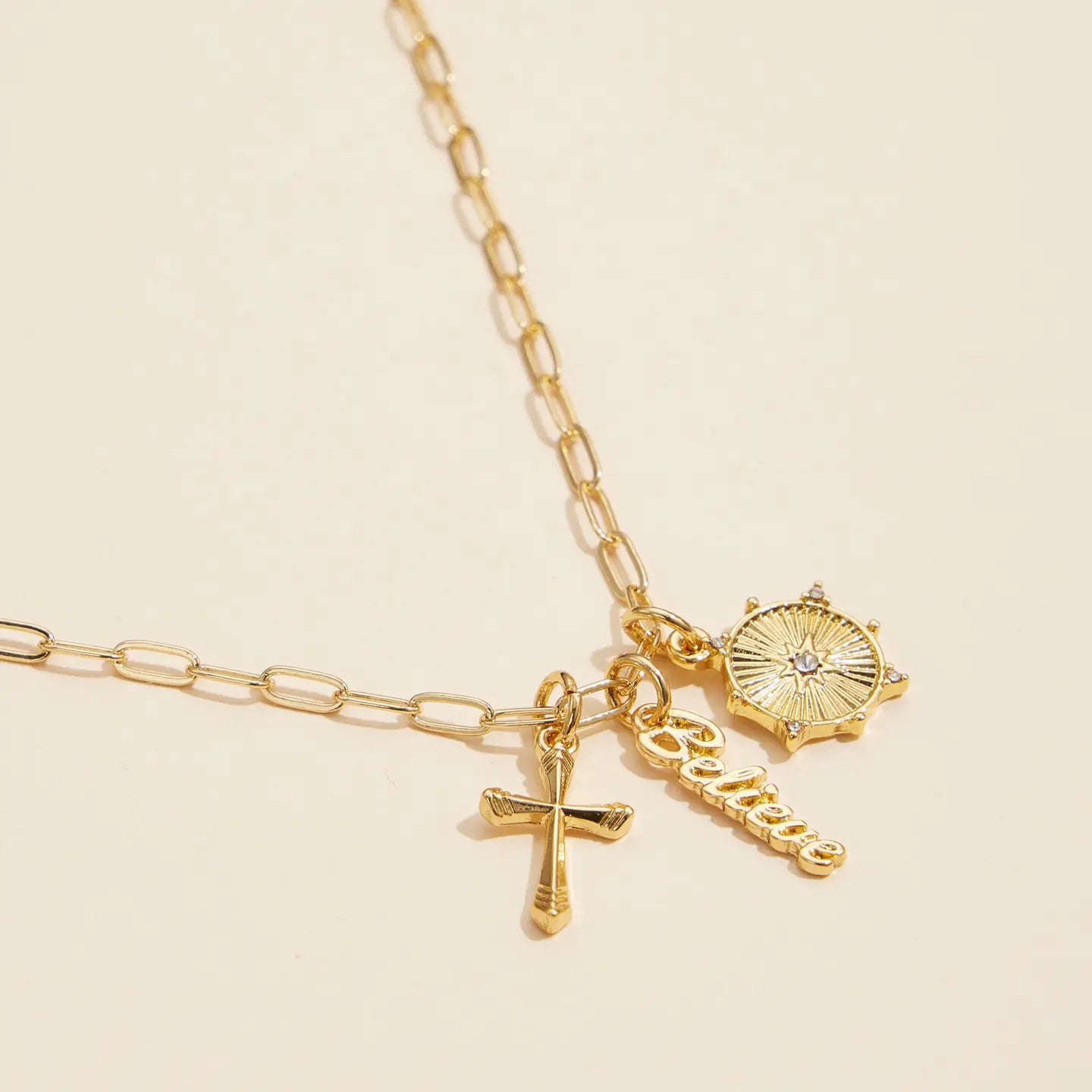 Cross, Believe, and Compass Gold Dipped 18K Charms Necklace