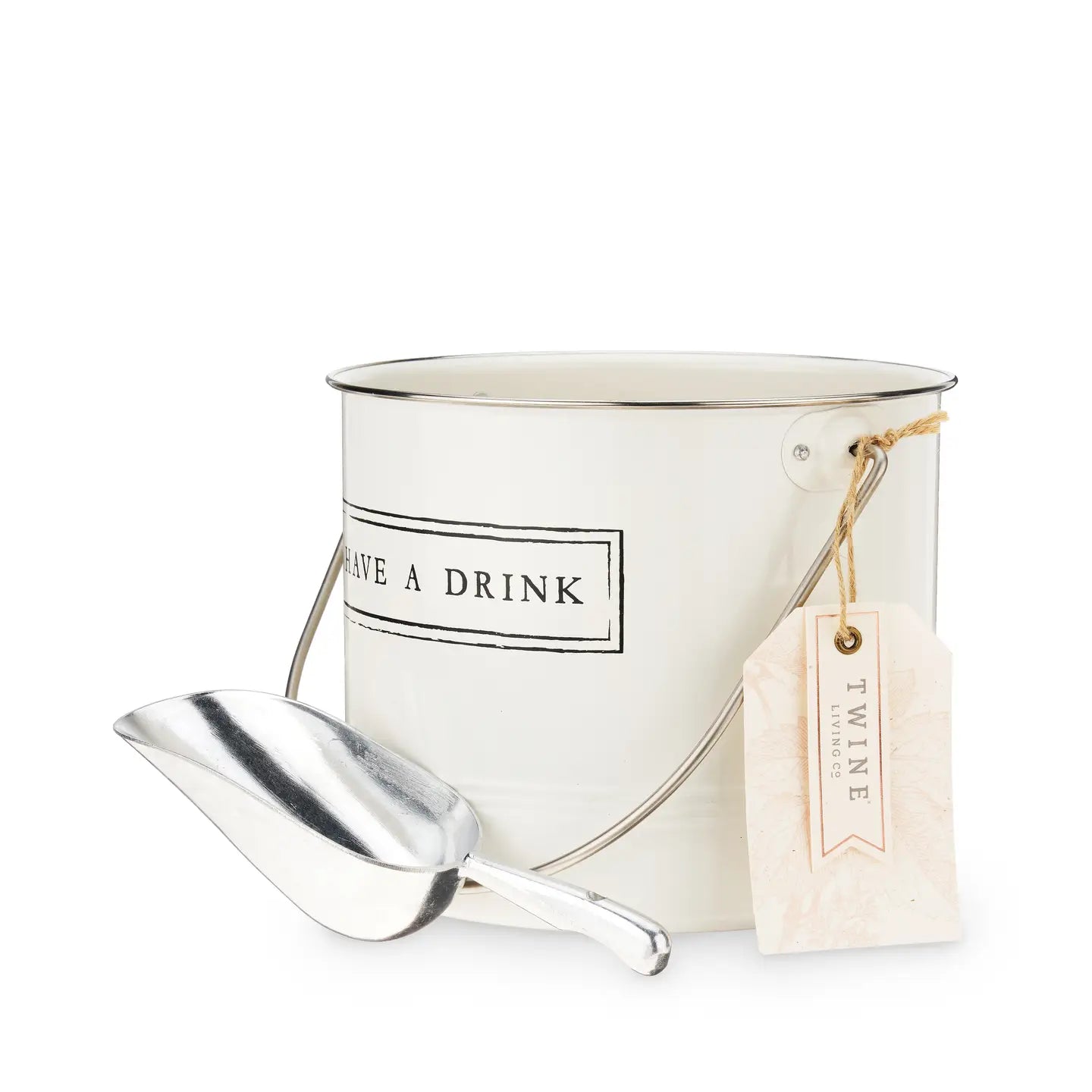 Galvanized Metal Ice Bucket & Scoop - "Have A Drink" - White