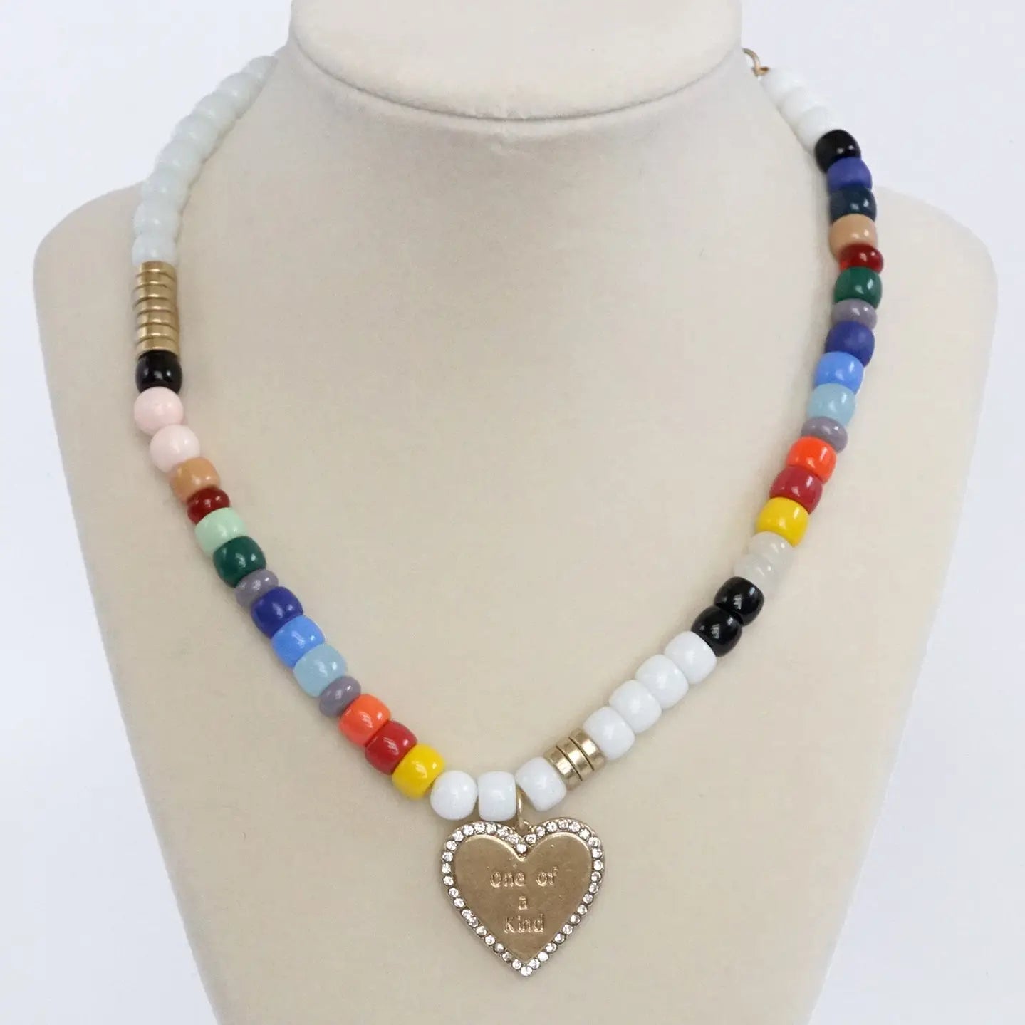 One of A Kind Multi Color Asymmetric Glass Beads Necklace Golden Heart