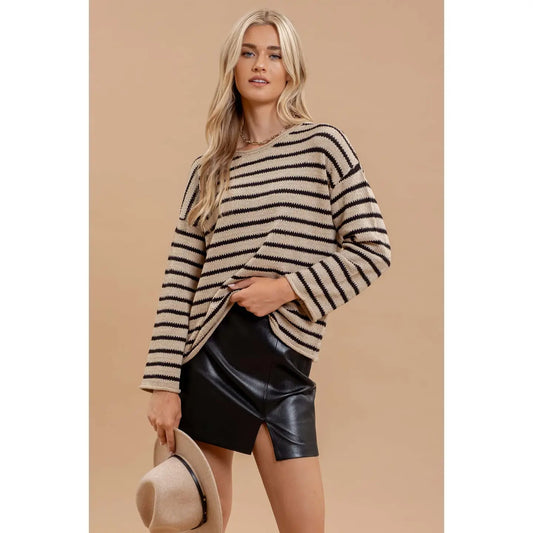 Stripe Boat Neck Drop Shoulder Knit Sweater