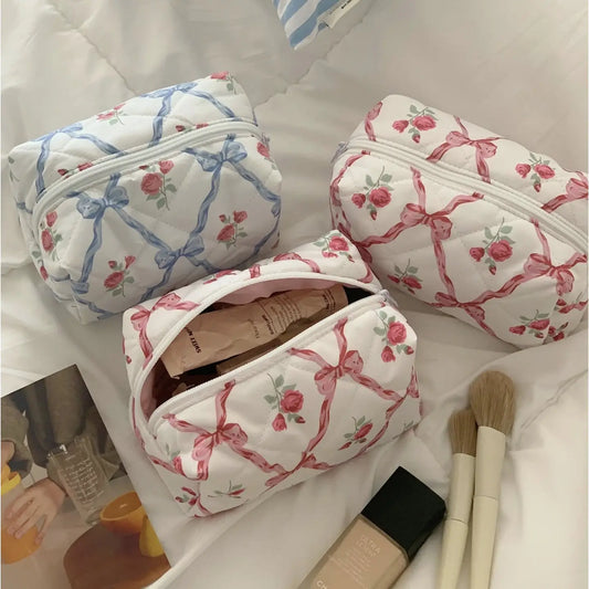 Quilted Cosmetic Floral Ribbon Makeup Bags