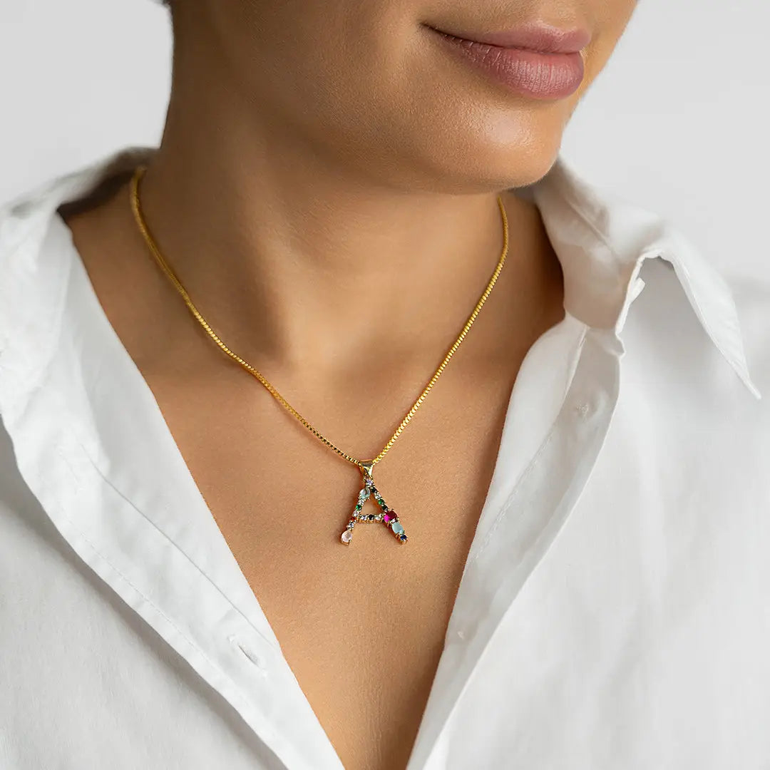 Multi Color Stone Initial Necklace