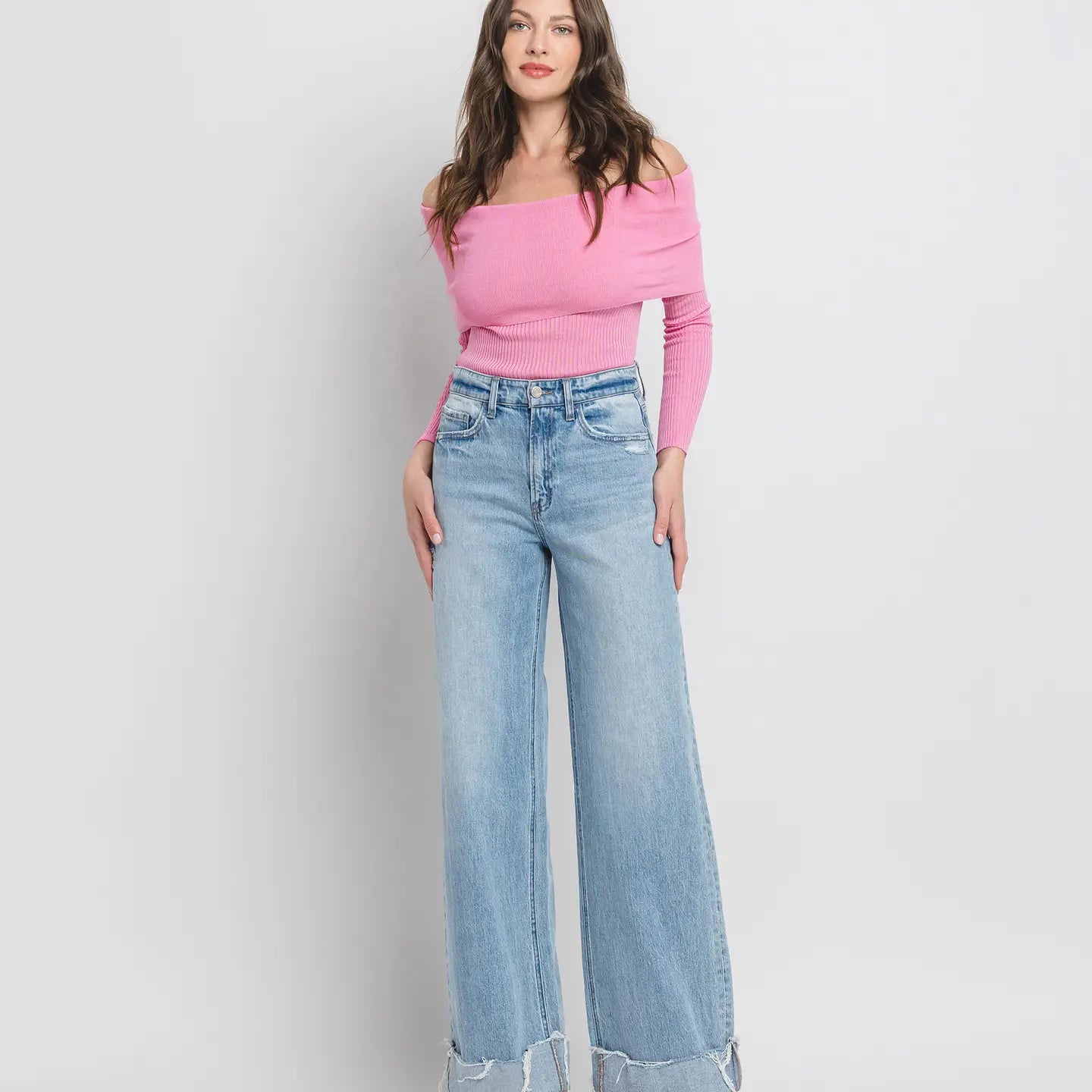 Super High Rise Cuffed Baggy Wide Leg Jeans