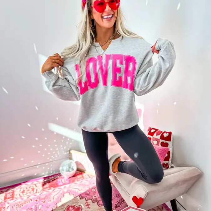 Lover Ash Gray Split Neck Graphic Crewneck