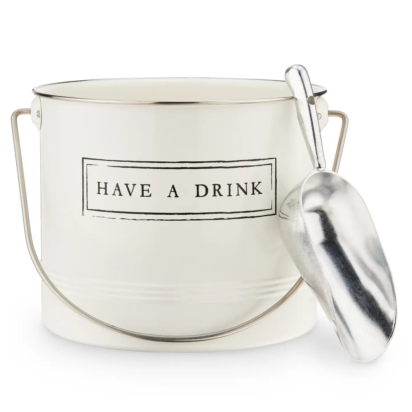 Galvanized Metal Ice Bucket & Scoop - "Have A Drink" - White