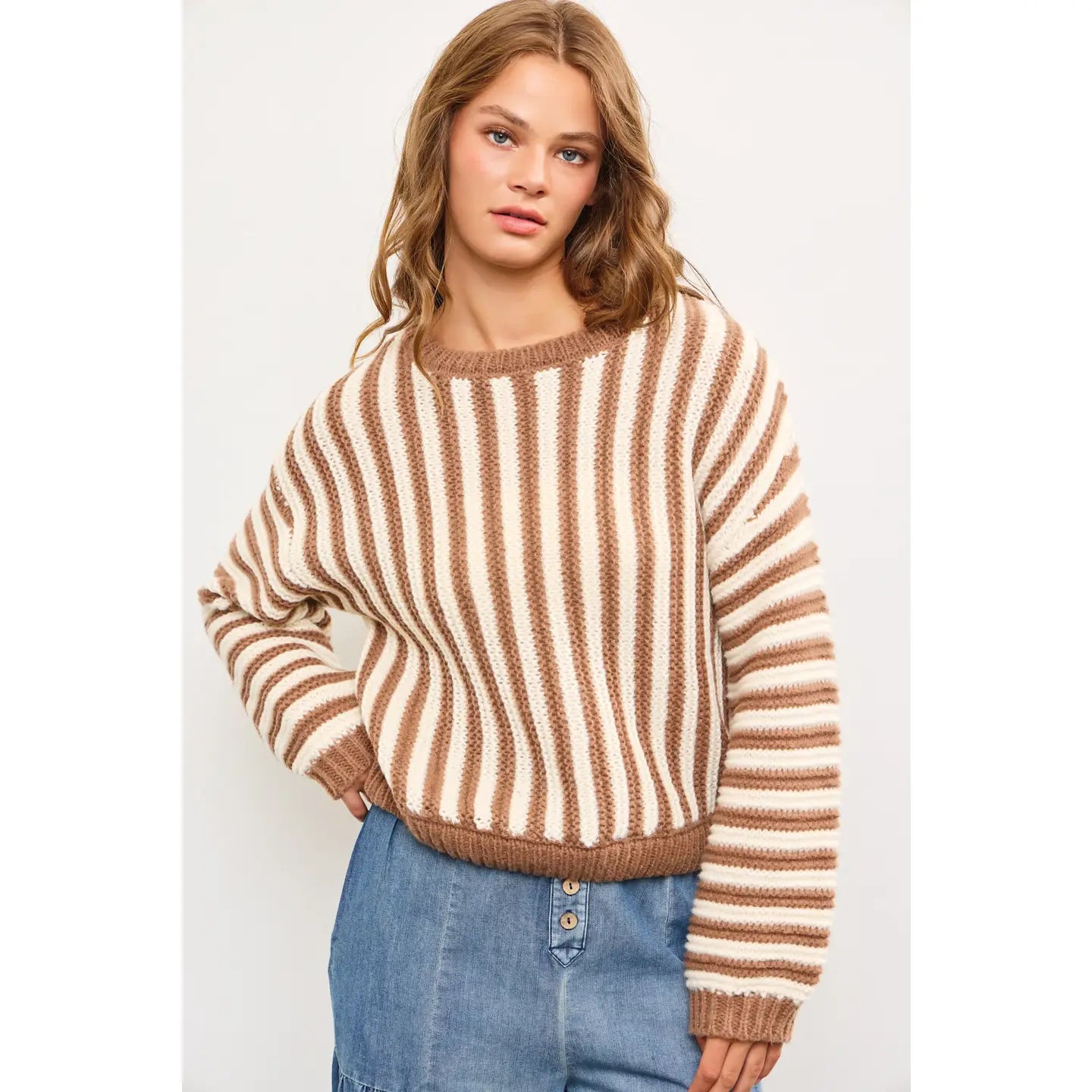 Oversized Crew Neck Striped Heavy Sweater Top