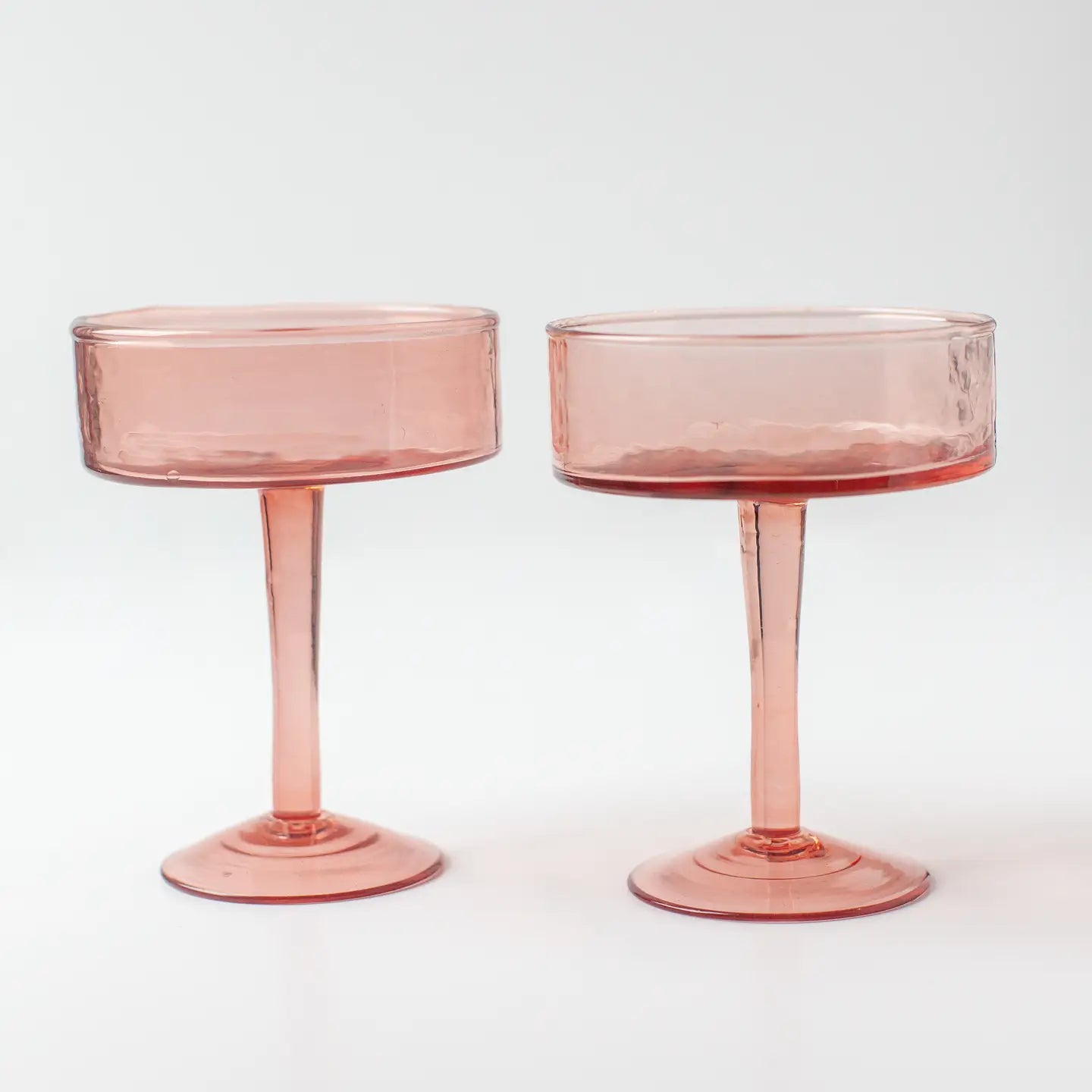 Pink Handblown Hammered Coupe Cocktail Glass Pair