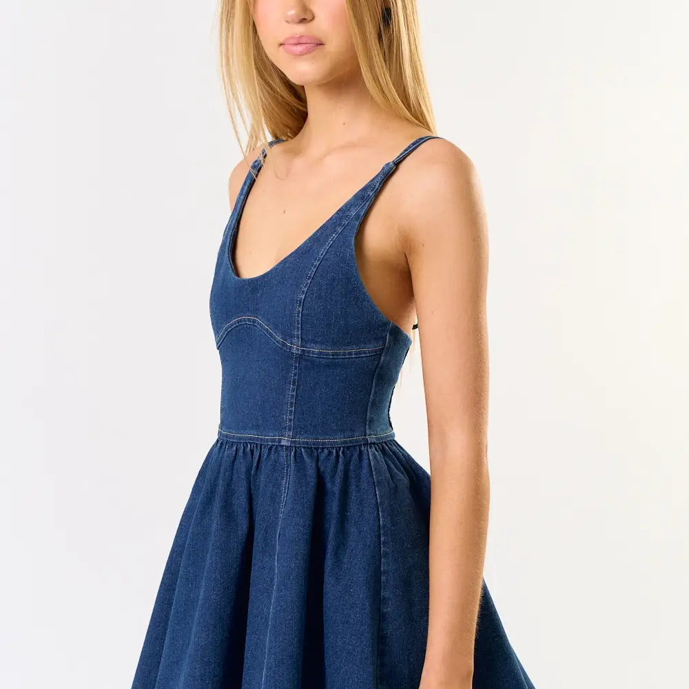 Denim Bustier Back Smocking Flare Mini Dress