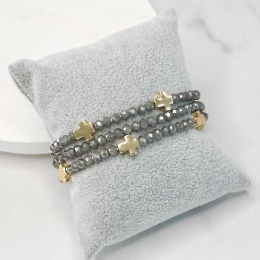 Mini Sideways Cross Bracelet Stack Glass and Gold Metal Beads